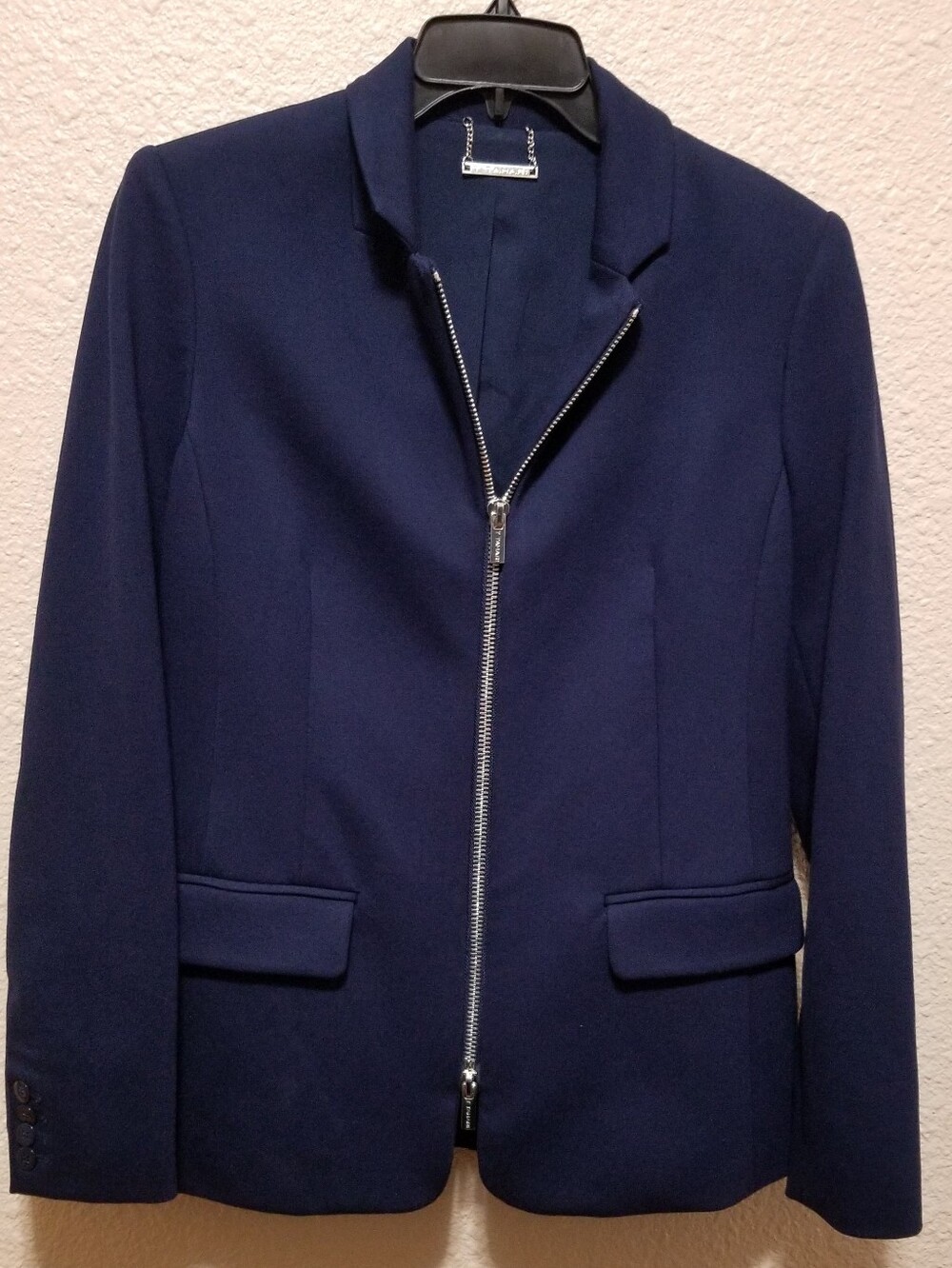 T Tahari Navy Zip-Front Blazer